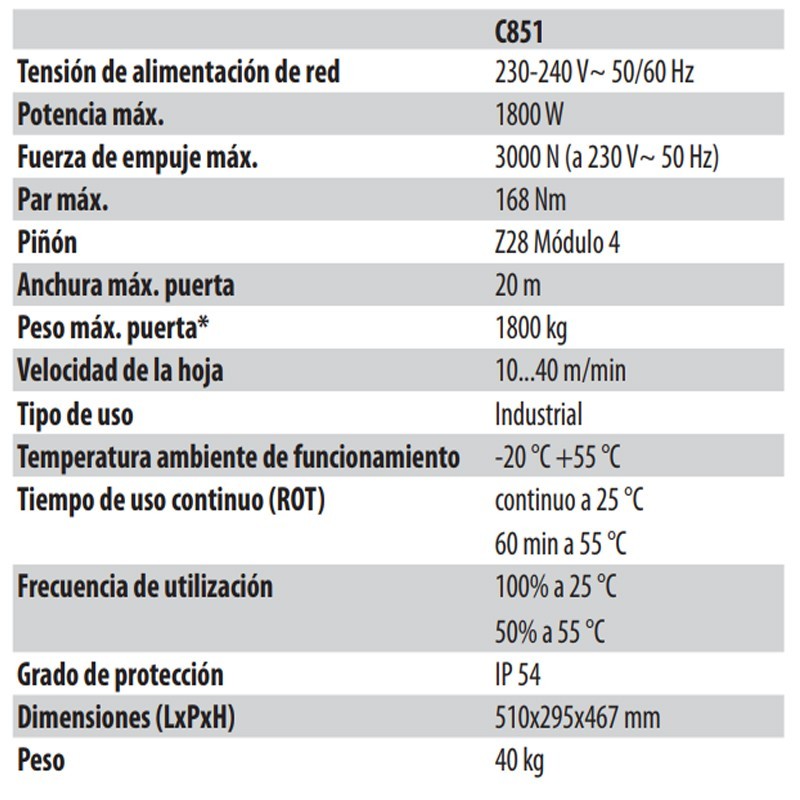 Faac c851 - 1800 kg - Motor con Central