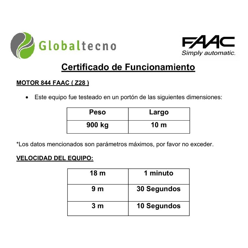 Kit Set Pack - Motor Faac 844 Rápido 18 mt/min...